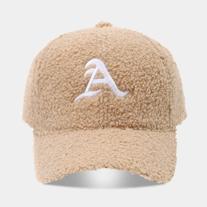 Light brown teddy fleece baseball cap with white embroidered A letter on front