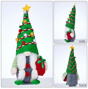 Detailed multi-angle views of Christmas gnome with green tree hat and red gift bag