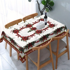 Christmas Tablecloth Polyester Fabric Rectangular Square Round Santa Snowman Snowflakes Print Holiday Dining Home Decor