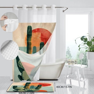 Abstract cactus and sunset shower curtain with matching bathroom mat set