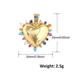 Detail view of 23mm gold-plated heart pendant with colorful stones and size dimensions
