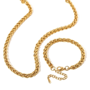 18K gold plated wheat chain stainless steel jewelry set with necklace and bracelet