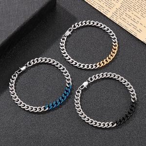 Three-piece set of two-tone polished stainless steel Cuban link chains on black background