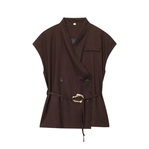 Dark brown sleeveless double-breasted blazer vest with a waist belt and golden buckle