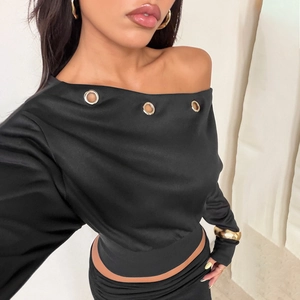 Off-shoulder black long sleeve top with decorative metal eyelets and slim fit design