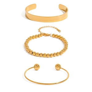 Set di tre bracciali rigidi aperti e con perline in acciaio inossidabile placcato oro 18k