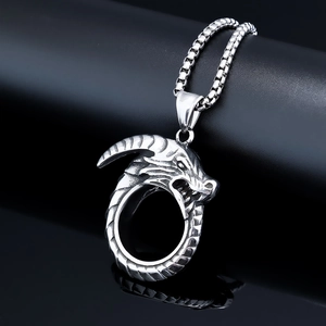 Detail of silver stainless steel dragon totem pendant with vintage finish on a box chain