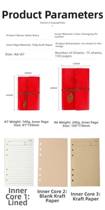 Detailed size chart and paper types for retro leaf-themed traveler notebook