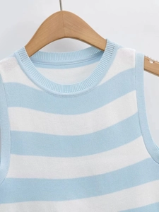 Close-up of sky blue and white horizontal stripes on a ribbed knit sleeveless vest