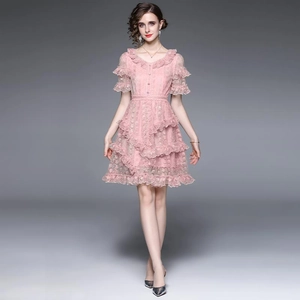 Short pink lace tiered princess dress with luxury embroidery and ruffled edges