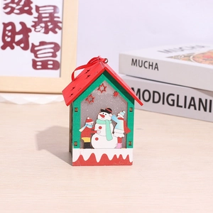 Hanging wooden LED Christmas house ornament with snowmen and red roof for festive home decor