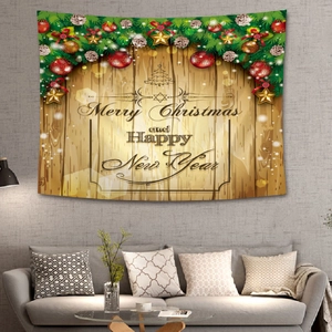 Macro view of festive Christmas tapestry hanging on a grey wall with modern sofa decor