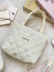 Korean ins style white quilted tote bag with colorful embroidered bows for daily commute