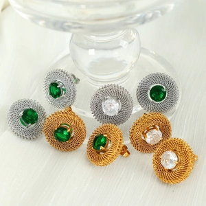 Vintage style oval stud earrings with green and white gems in gold and silver finish