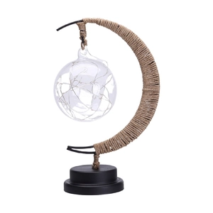 Creative crescent moon LED table lamp with iron hemp rope frame and hanging glass ball