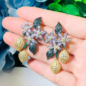 Korean Style Copper Zirconia Flower Lemon Dangle Earrings With 925 Sterling Silver Earring Post For Women Luxury Party Jewelry