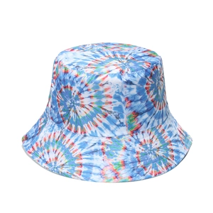 Close-up of vibrant tie-dye swirl bucket hat with detailed stitching on white background