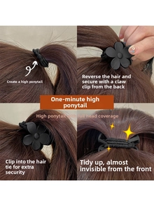 Step-by-step tutorial for high ponytail using a matte black flower hair claw clip
