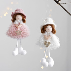 Cute pink and white plush Christmas angel dolls with gold star and heart ornaments