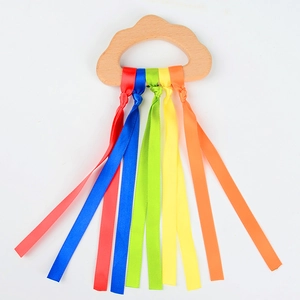 Rainbow ribbon sensory toy with cloud-shaped beech wood handle for baby development