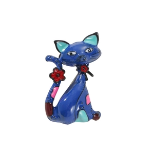Cute dark blue enamel cat brooch with colorful flower accents on a white background