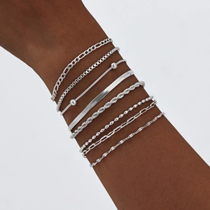 8-piece set of silver plated snake and twist chain bracelets for women's daily wear