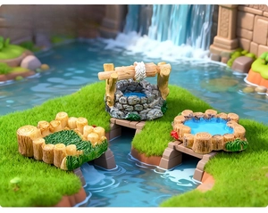 Miniature garden resin set featuring a stone well, wooden grass lawn, and small pond