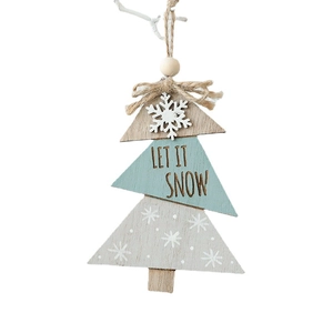 Wooden Christmas tree pendant with Let It Snow text and rustic twine hanger