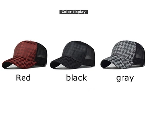 Three colors of houndstooth mesh baseball caps showing red, black, and grey options