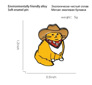 Detail view of cartoon cowboy cat enamel pin with dimensions and material specs