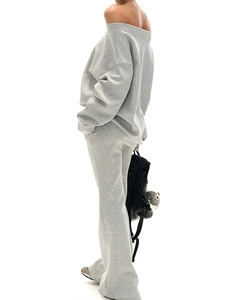 Gray off-shoulder long sleeve sweatshirt and wide-leg pants two-piece lounge set