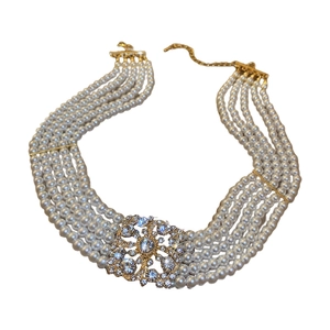 Elegant five-layer pearl choker necklace with a sparkling diamond flower centerpiece