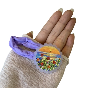 French oil painting sunflower hair tie with sunset ocean pattern and purple scrunchie