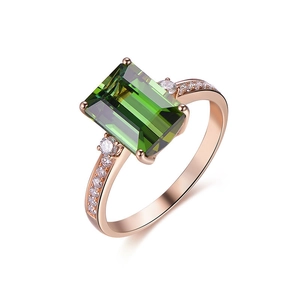 Emerald-cut green tourmaline ring in 18K rose gold with pave diamond accents