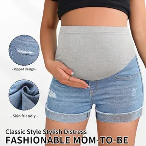 Pantaloncini premaman in denim a vita alta con strappi e fascia di supporto regolabile