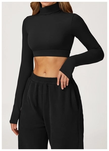 Schwarzes, eng anliegendes Crop-Top mit Stehkragen und passender Jogginghose für Sport