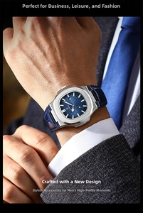 Macro detail of silver octagonal bezel watch with blue dial and blue leather strap