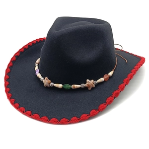 Western black wool felt cowboy hat with red crochet edge and beaded star band