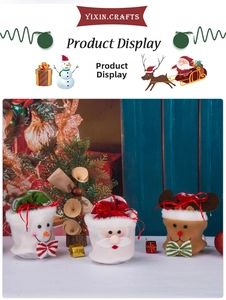 Detailed view of Christmas drawstring gift bags featuring snowman, Santa, and elk designs