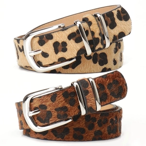 Chic leopard print women's belt with double silver rings in brown hair-on leather