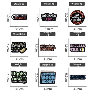 Size chart showing dimensions and weight for reading themed enamel book pins
