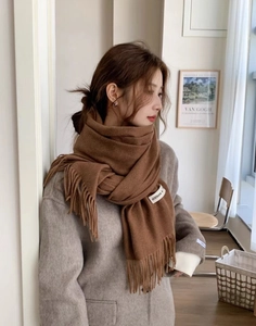 Close-up of brown cashmere-feel scarf showing soft fringe detail and woven textile label
