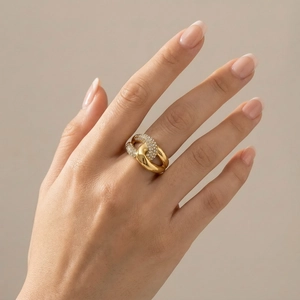 Detailed view of luxury wide titanium steel double ring set with pave zircon stones
