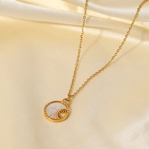 18K gold plated stainless steel necklace with round white shell and moon pendant on silk