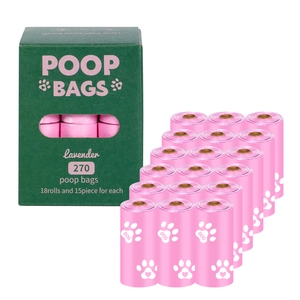 18 rolls of pink lavender-scented eco-friendly dog poop bags with green dispenser box.