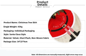 Detail of red velvet Christmas tree skirt with HO HO HO text and cute elf legs decoration