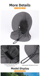 Detail of adjustable drawstring and toggle on a dark grey sun hat with neck protection