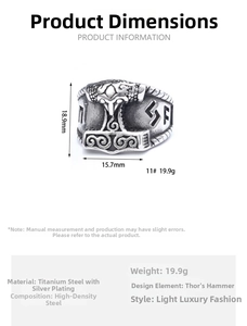 Macro detail of silver plated Viking Mjölnir ring with Nordic rune engravings and dimensions