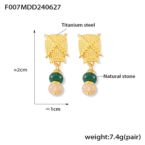 Detail showing titanium steel earrings with natural stones and woven texture design