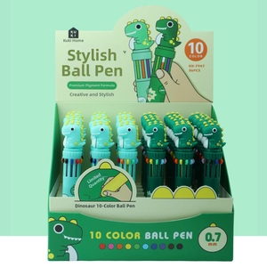 Detail of 36-piece box of cute green dinosaur 10-color shuttle pens for journaling